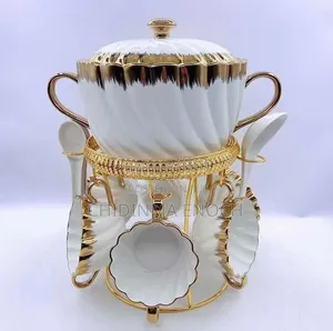 Luxury Gold Ceramic Soup Pot With Soup Bowls & Spoons