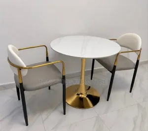 2 Seater Round Marble Top Dining Table Set With Golden Base