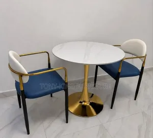 2 Seater Round Marble Top Dining Table Set With Golden Base