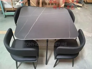 Modern 4-Seater Marble Top Dining Table Set With Black Padded Leather