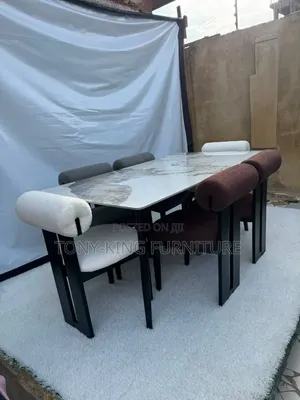 Modern Luxury Marble-Top Dining Set Distinctive Upholstered Chairs.