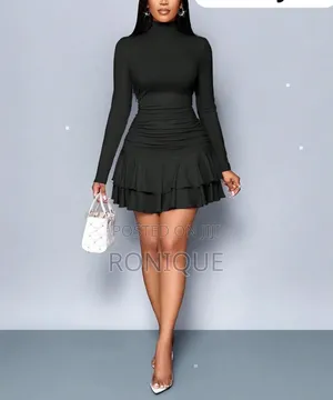 Sophisticated Black High-Neck Long-Sleeve Ruffle Mini Dress