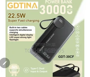 30,000 Mah 22.5w Fast-Charging Power Bank, With Digital Display.