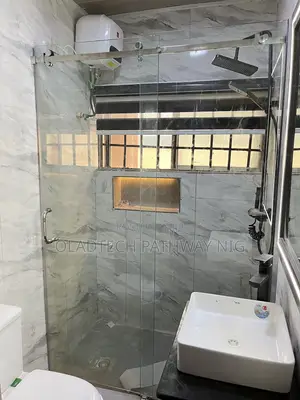 Glass Shower Cubicle (L Shape and Wall to Wall Black Accessories)