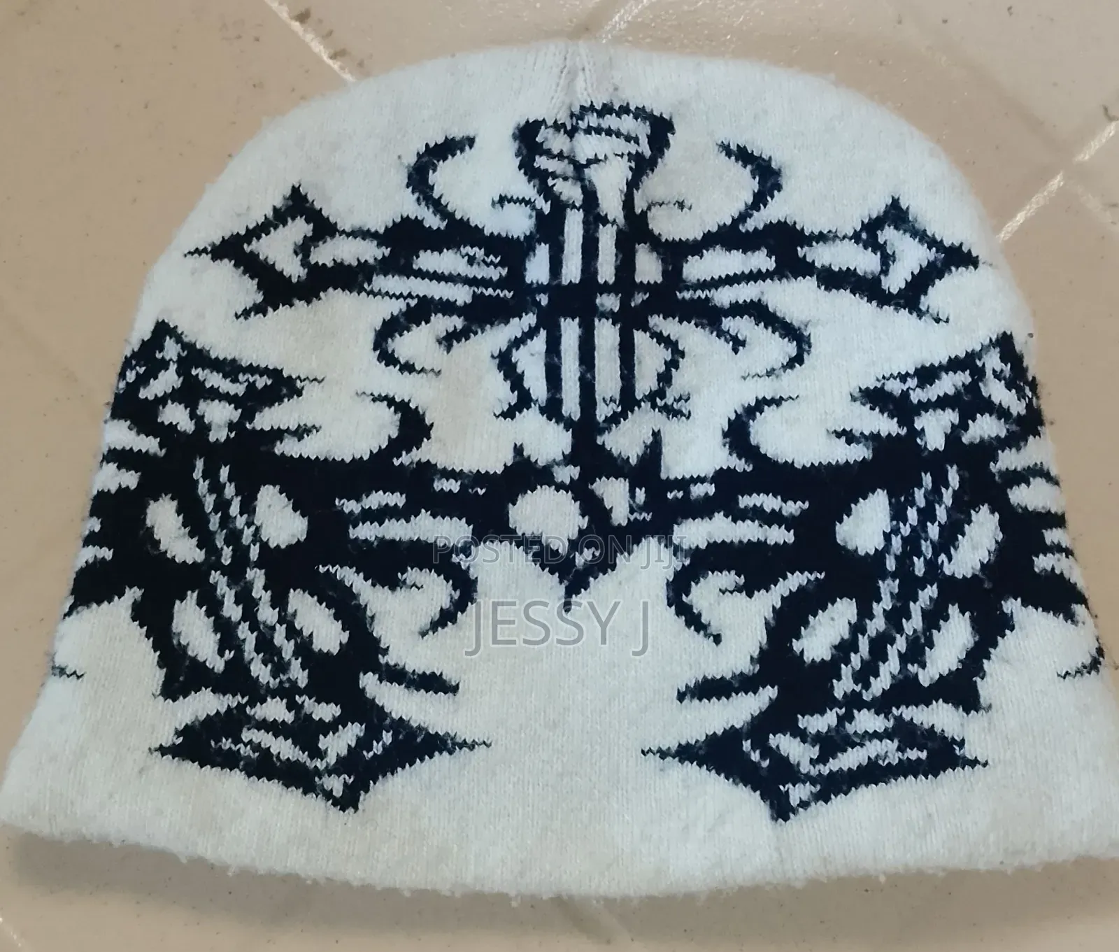 Off White Skull Beanie/ Black Gothic Design