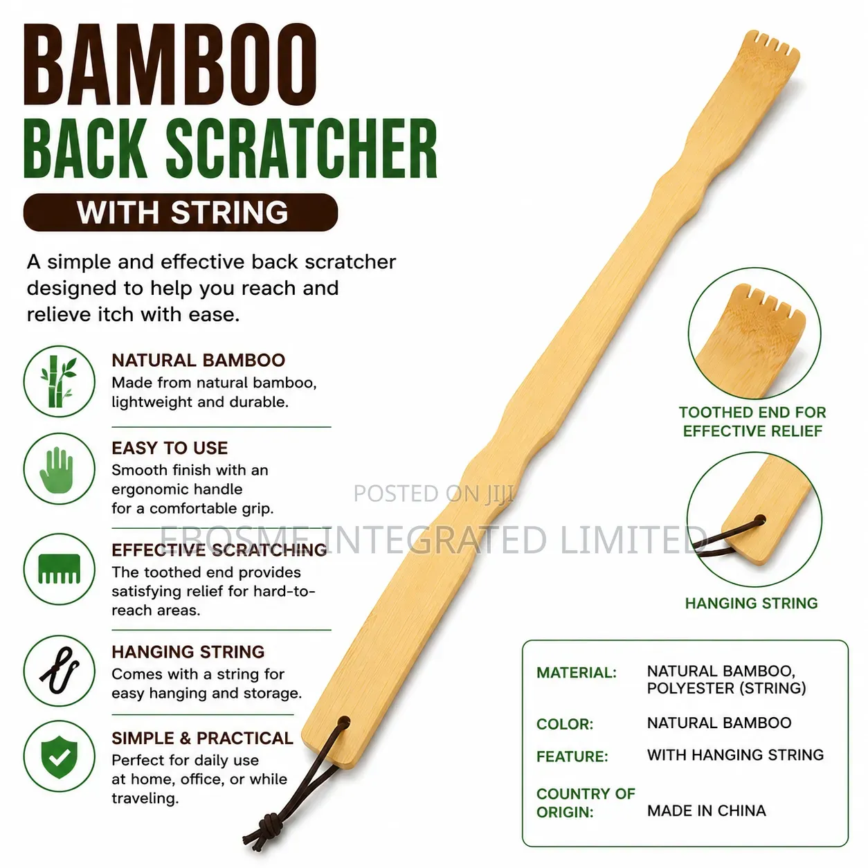 Natural Bamboo Back Scratcher With String 43cm