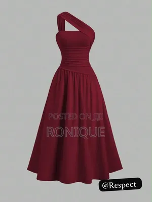 Elegant Wine Red One-Shoulder Ruched Midi Dress