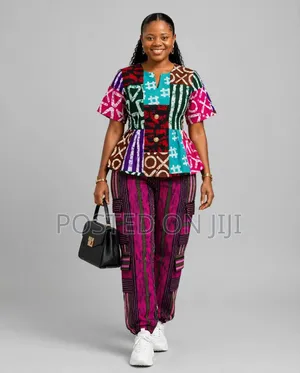 Ladies Ankara Patchwork Top and Vertical Stripe Aso-Oke Cargo Pants