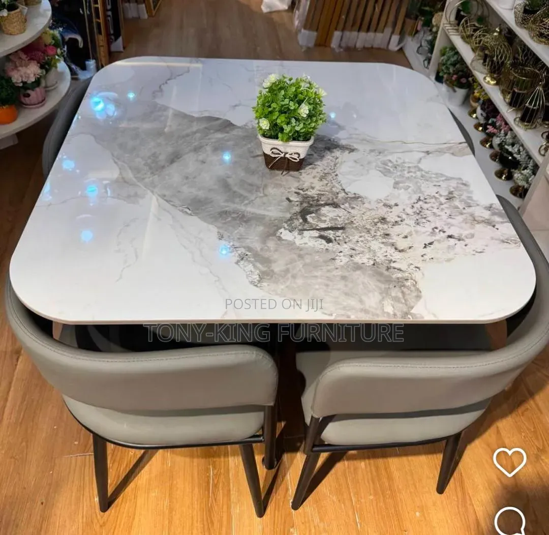 4-Seater Modern Dining Set With Square Grey-and-White Marble Top