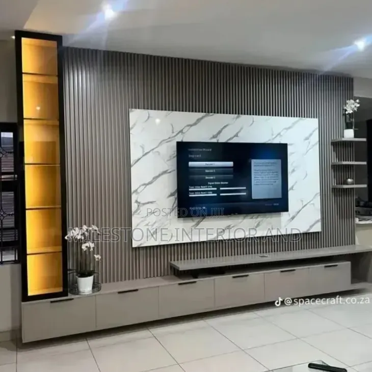 Luxury Modern TV Wall Unit With Fluted Panel Marble Design