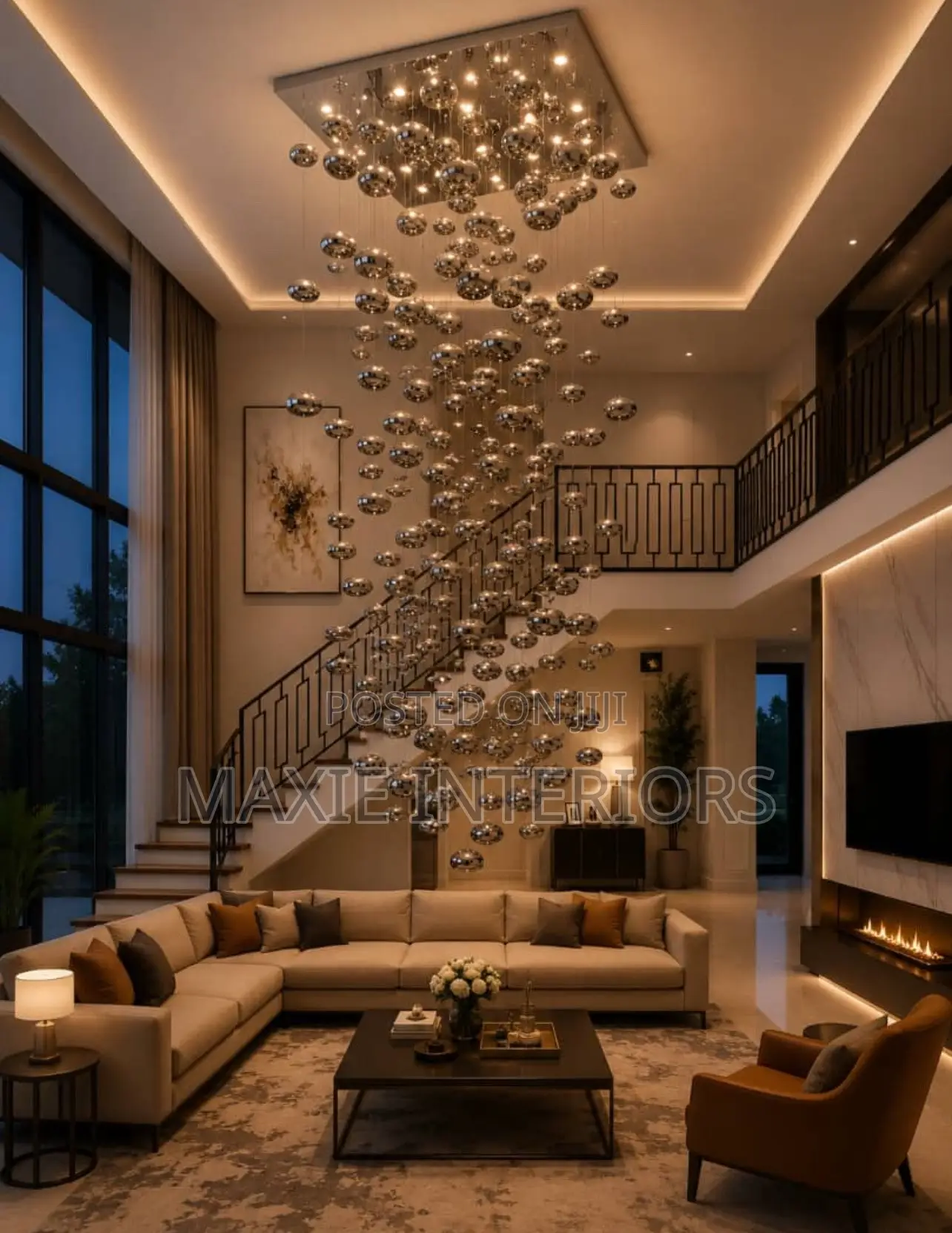 High Ceiling Living Room, Void, Staircase Chandelier