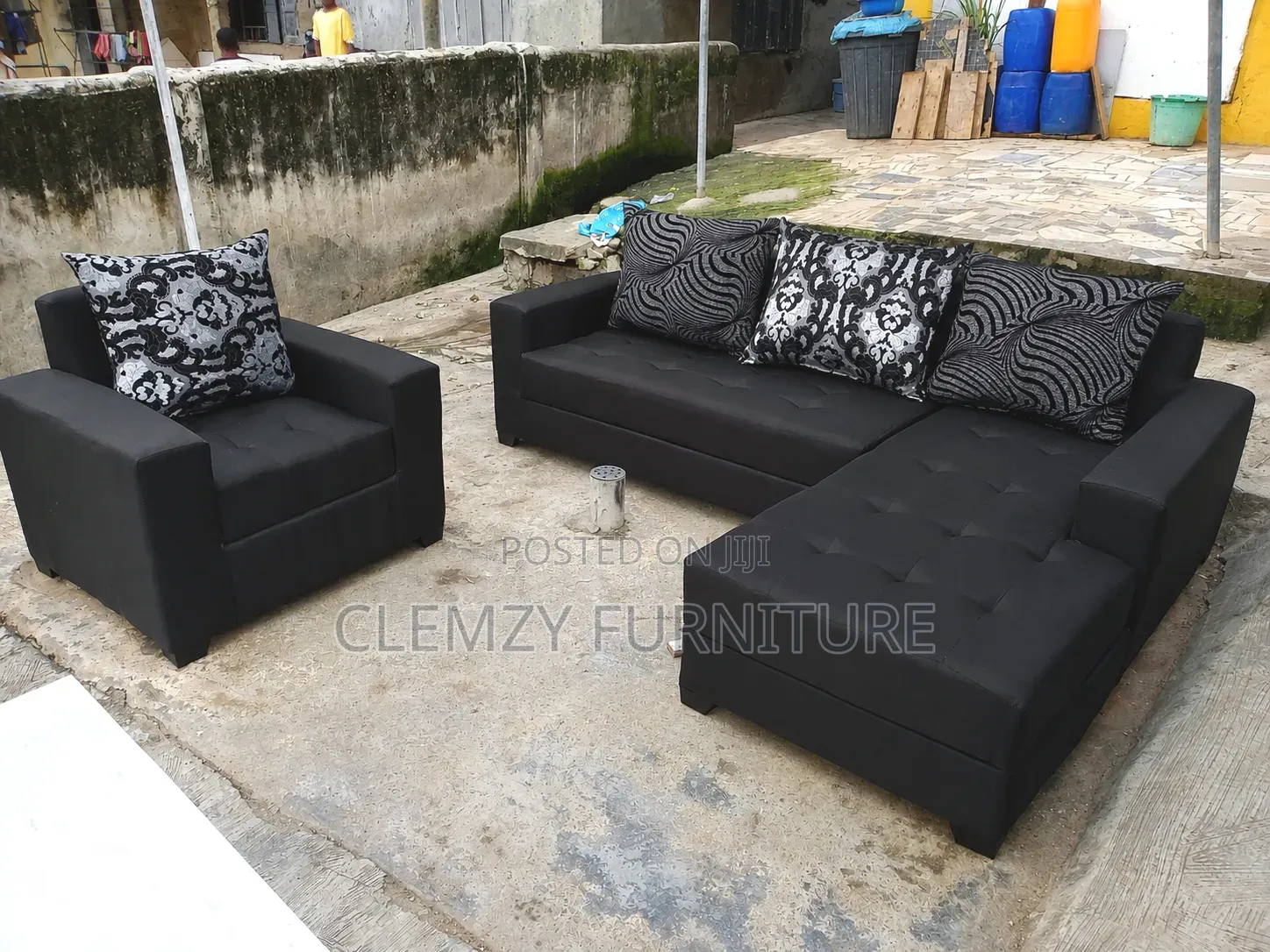 Black Color L Shape Sofas With a Single Seater