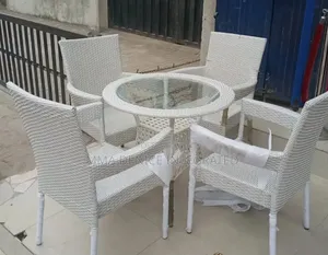 White Rattan Dining Set – 4 Seater With Glass Table