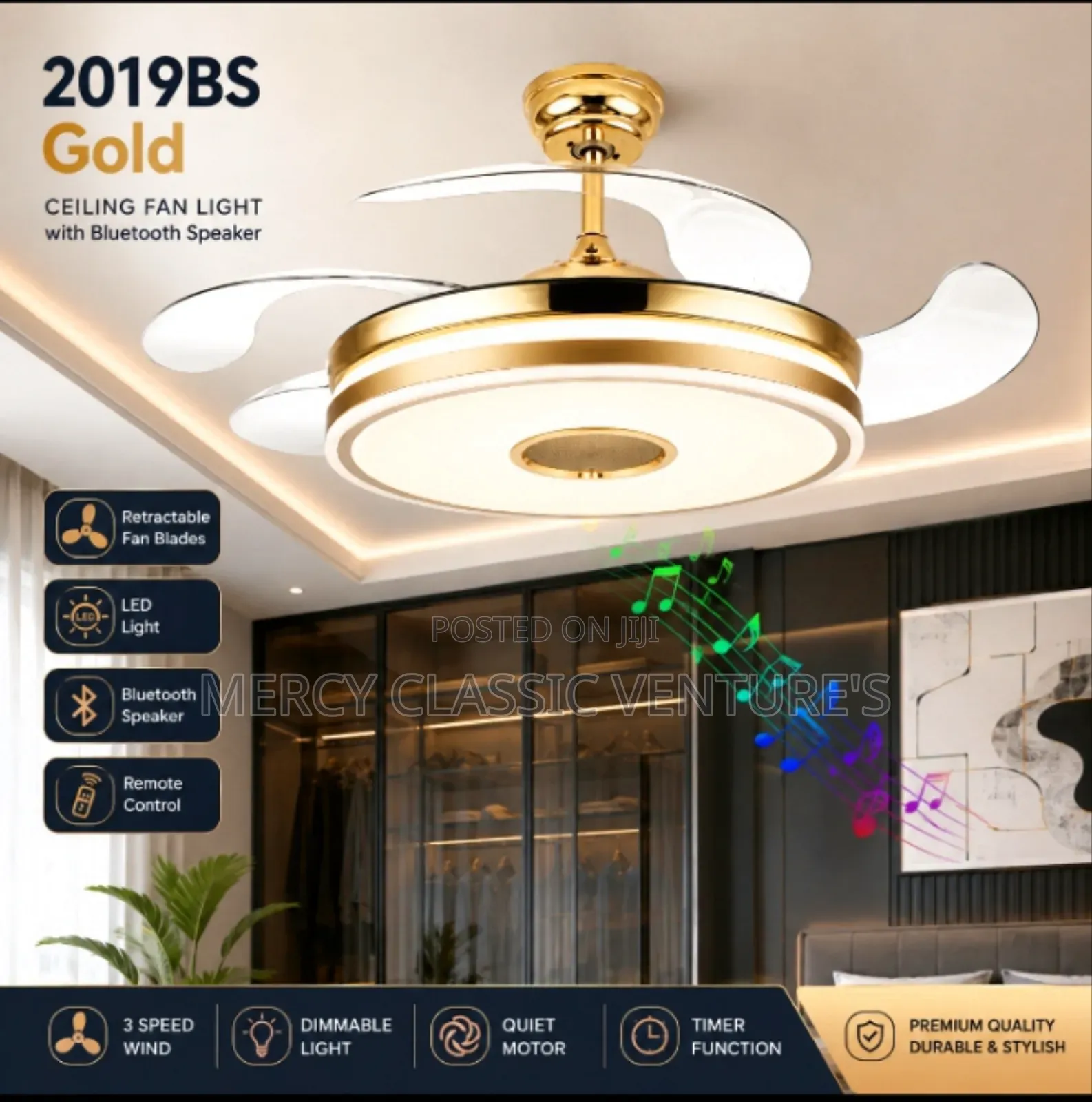 2019BS Gold Ceiling Fan Light With Bluetooth Speaker