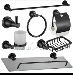 Black Matte Set 7-Pieces Wall-Mounted Bathroom Hardware Accessories