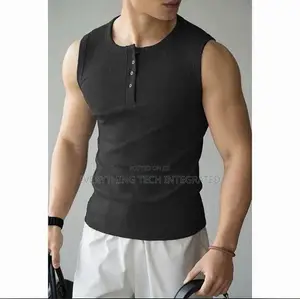 Ribbed Knit Sleeveless Henley Tank Top