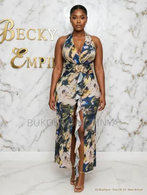 Luxury Abstrac Print Halter Ruffle Slit Maxi Dress With Gold Butterfly