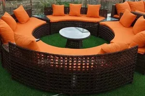 Large Circular Rattan Sofa Set With Centre Table – Brown Orange