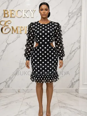 Classy Black White Polka Dot Ruffle Dress With Side Waist Cut-