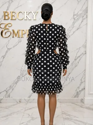 Classy Black White Polka Dot Ruffle Dress With Side Waist Cut-