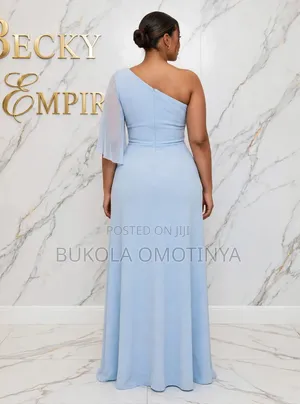 Luxury Sky Blue One-Shoulder Pearl Beaded Cape Maxi Gown With Slit -