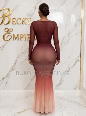 Luxury Burgundy to Peach Ombré Mesh Bodycon Dress With Gold Clasp