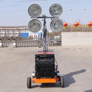 Portable Mobile Light Tower Illuminating a Construction Site at Night