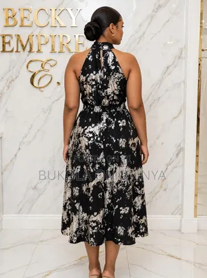 Classy Black Silver Metallic Halter Neck Flare Midi Dress -