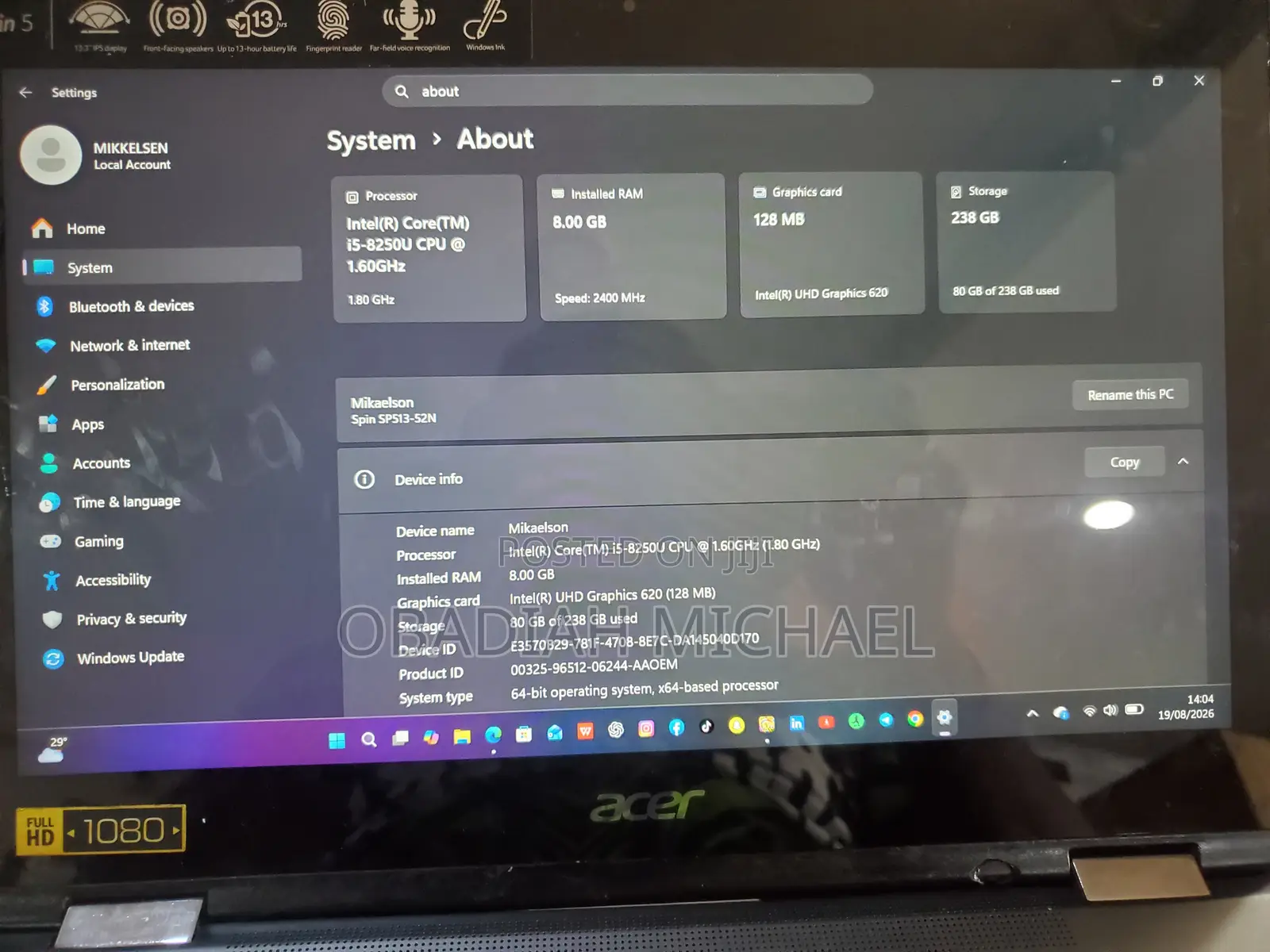 Laptop Acer AcerNote 350 8GB Intel Core i5 SSD 256GB