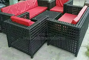 7 Seater Rattan Sofa Set With Red Cushions Centre Table