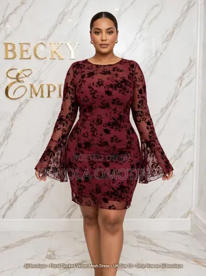 Wine Burgundy Floral Velvet Flocked Mesh Bell Sleeve Bodycon Mini Dre