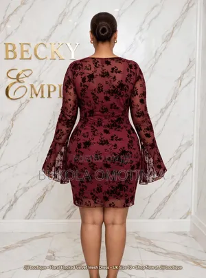 Wine Burgundy Floral Velvet Flocked Mesh Bell Sleeve Bodycon Mini Dre