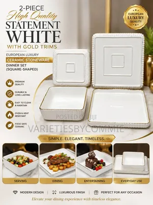 2-Piece Luxury White Gold Trim Ceramic Stoneware Dinner Set