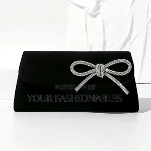 Pretty Rhinestone Bow Suede Clutch Purse (Black)