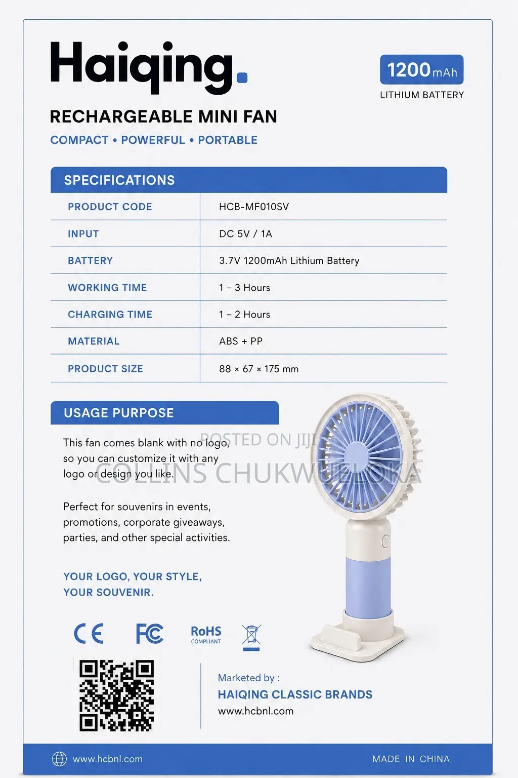 Haiqing Rechargeable Mini Fan