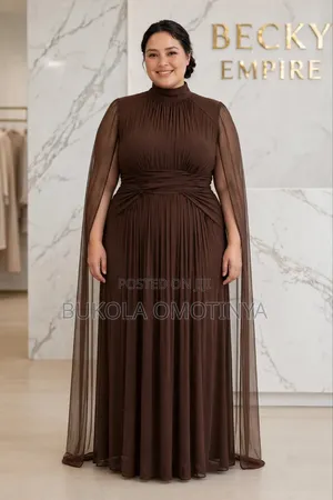 Chocolate Brown Pleated Cape Maxi Dress - High Neck