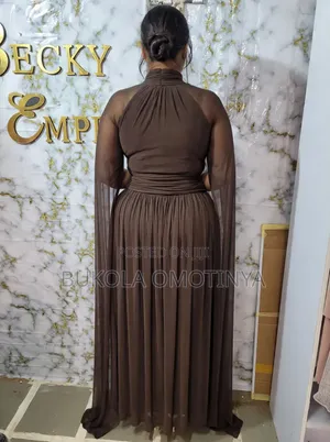 Chocolate Brown Pleated Cape Maxi Dress - High Neck