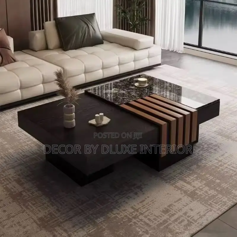 Black Rectangular Solid Wood Marble Coffee Table