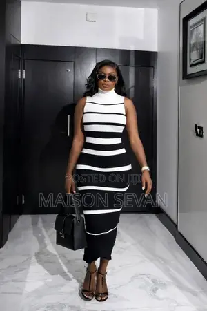 Ladies Striped Ribbed Bodycon Midi Dress – High Neck
