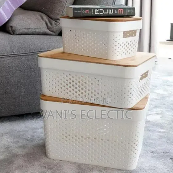3-Piece Multi-Sized Multipurpose Storage Baskets With Bamboo Lids