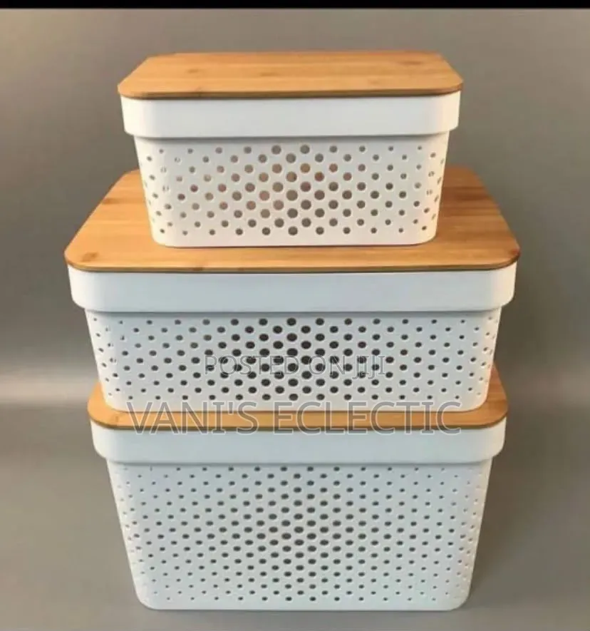 3-Piece Multi-Sized Multipurpose Storage Baskets With Bamboo Lids