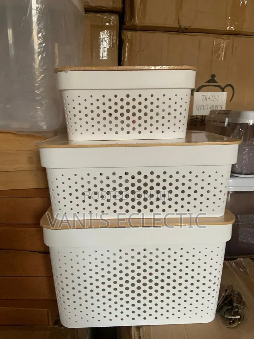 3-Piece Multi-Sized Multipurpose Storage Baskets With Bamboo Lids