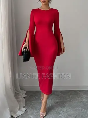 Red Dress With Slit Sleeve Design