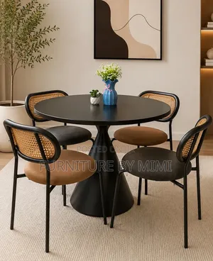 Modern Black Round 4 Seater Dining Table Set and Rattan Chairs