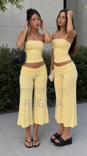 Buttery Yellow Ruched Tube Top Wide-Leg Pants Set