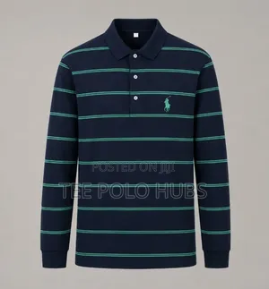 Premium Long Sleeve Striped Polo for Men - Navy Green - Designer Style