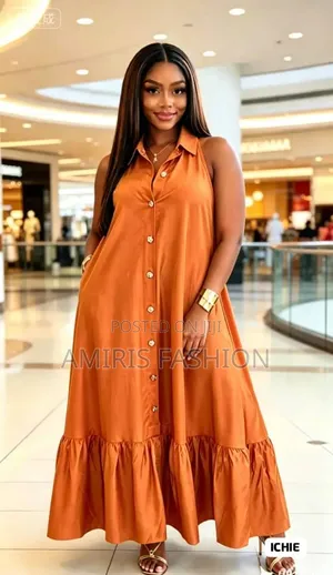 Sleeveless Long Button Down Flare Gown With Colar Neck