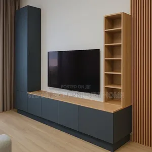 Modern Two-Tone TV Unit With Tall Tower Open Shelves