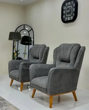 Pair of Mid-Century Grey Fabric Armchairs With Wood Legs