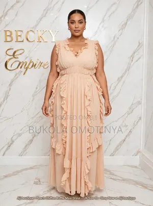 Ladies Elegant Ruffle Chiffon Maxi Dress - Peach Nude | Beach Gown |